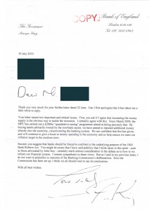 Mervyn King Letter re 1844 Bank Charter Act
