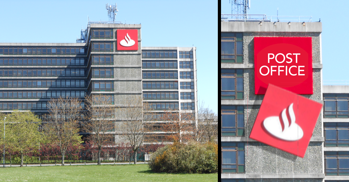 The Santander logo falls away to rveal the Post Office logo.